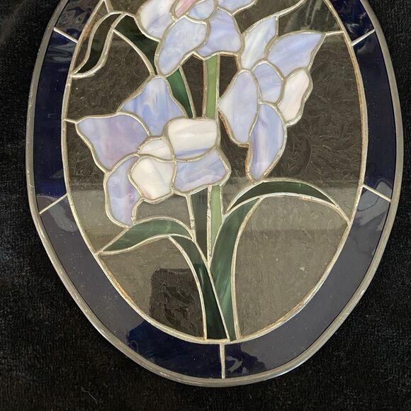 Vintage Handcrafted Large Stained Glass Suncatcher With Iris Flowers. No Cracks! - Picture 4 of 8